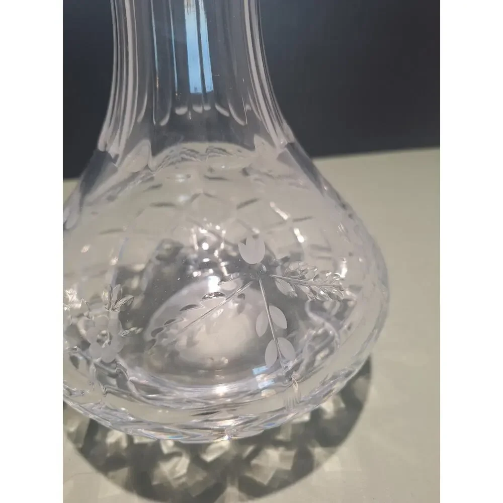 Vintage Cut Crystal Vase Floral Etched Pattern Flared Rim Clear Glass 10”